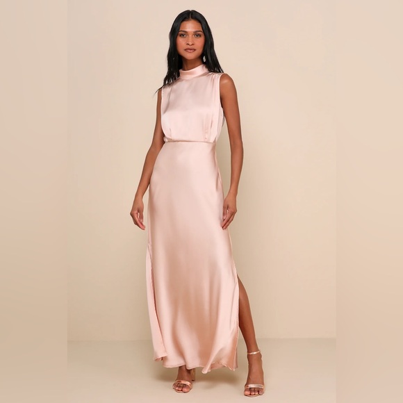 Lulus Classic Elegance Peach Blush Satin Sleeveless Mock Neck Maxi Dress - Picture 1 of 13